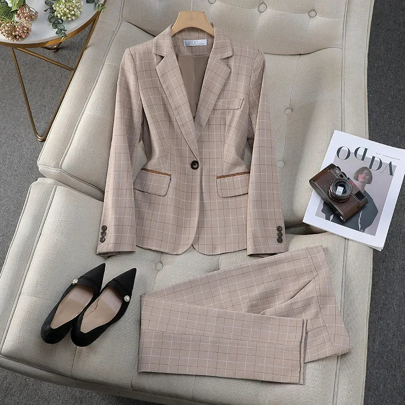 Plus Size Apricot Plaid Blazer Suits British Style Capable Fashionable High-end Professional Clothing OL Clothes Women Suits
