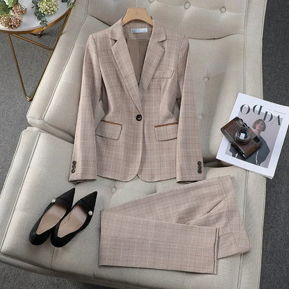 Plus Size Apricot Plaid Blazer Suits British Style Capable Fashionable High-end Professional Clothing OL Clothes Women Suits