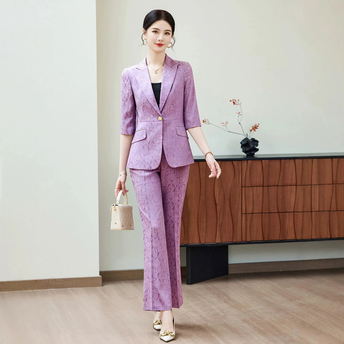 Fashion Purple Half Sleeve Professional Suit Women New Summer Elegant Formal Slim Blazer And Pants Office Ladies Work Wear