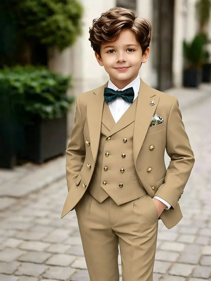 3 Pieces Boys Homecoming Suit Set 3 Pieces Banquet Party Wear Classic Peak Lapel Kids Slim Fit Tuxedo Wedding Ring Bearer Outfit