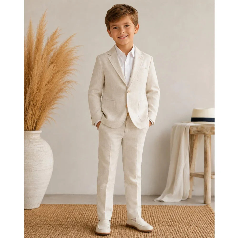 Beige Linen Single Breasted Boys Suit 2 Piece Set Kids Page Boy Wedding Blazer Pants Outfit For Summer Beach Casual Daily Party