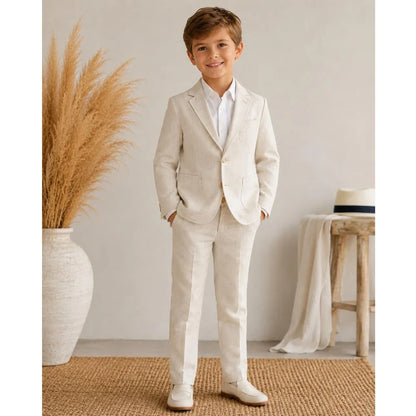 Beige Linen Single Breasted Boys Suit 2 Piece Set Kids Page Boy Wedding Blazer Pants Outfit For Summer Beach Casual Daily Party