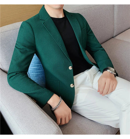 2025 Spring New Waffle Suit Coats Men Slim Fit Business Casual Blazer Jacket Homme Formal Groom Prom Wedding Tuxedo 4XL-M
