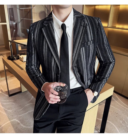 High Quality Plush Striped Fashion casual Suit Jacket Autumn Winter New Men Slim Fit Business Formal Social Prom Party Tuxedos