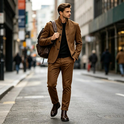 Men Stand Collar Linen Blazer Set Slim Fit 2 Pieces Jacket Pants Breathable Wrinkle‑Resistant Vintage Casual Business Outerwear