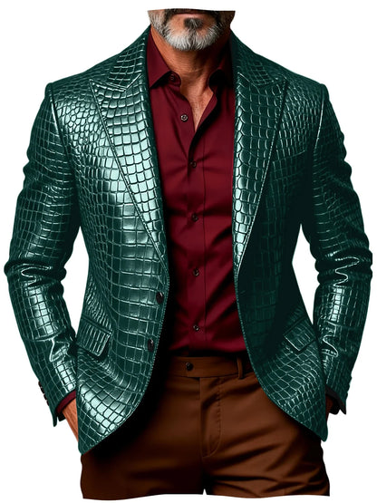 Luxury Men's Crocodile Pattern PU Leather Blazer Notch Lapel Single-Breasted 2 Button Slim Fit Jacket Business Casual for Man