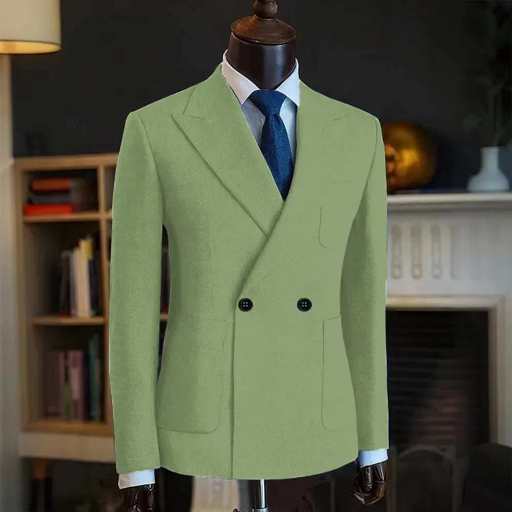 Classic Men Linen Blend Suit Blazer Double Breasted Peak Lapel Man Formal Jacket  Business Slim Fit Lightweight Coat For Wedding