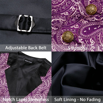 Men's Jacquard Paisley Vest Notched Lapel 3-Piece Set for Weddings & Formal Events – Purple