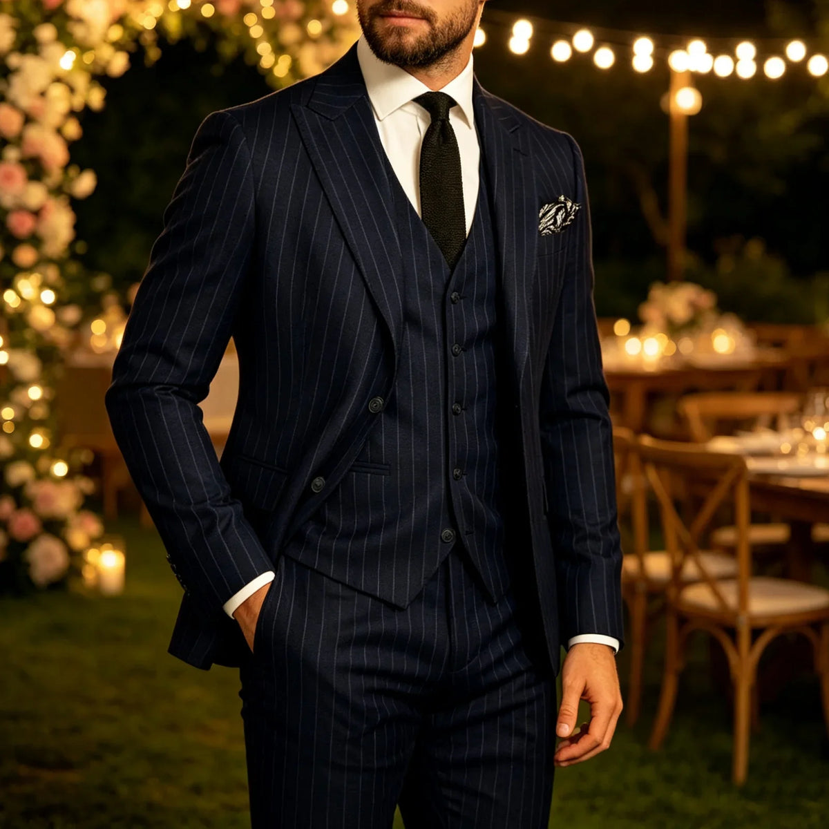 Men's Striped 3-Piece Suit – Slim Fit Blazer, Vest & Pants for Formal & Wedding Wear