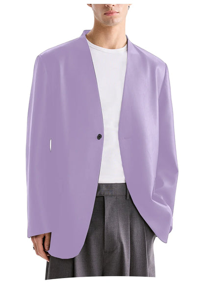 Men's PU Leather Collarless Blazer Single Button Loose Fit Jacket for Wedding Party Office