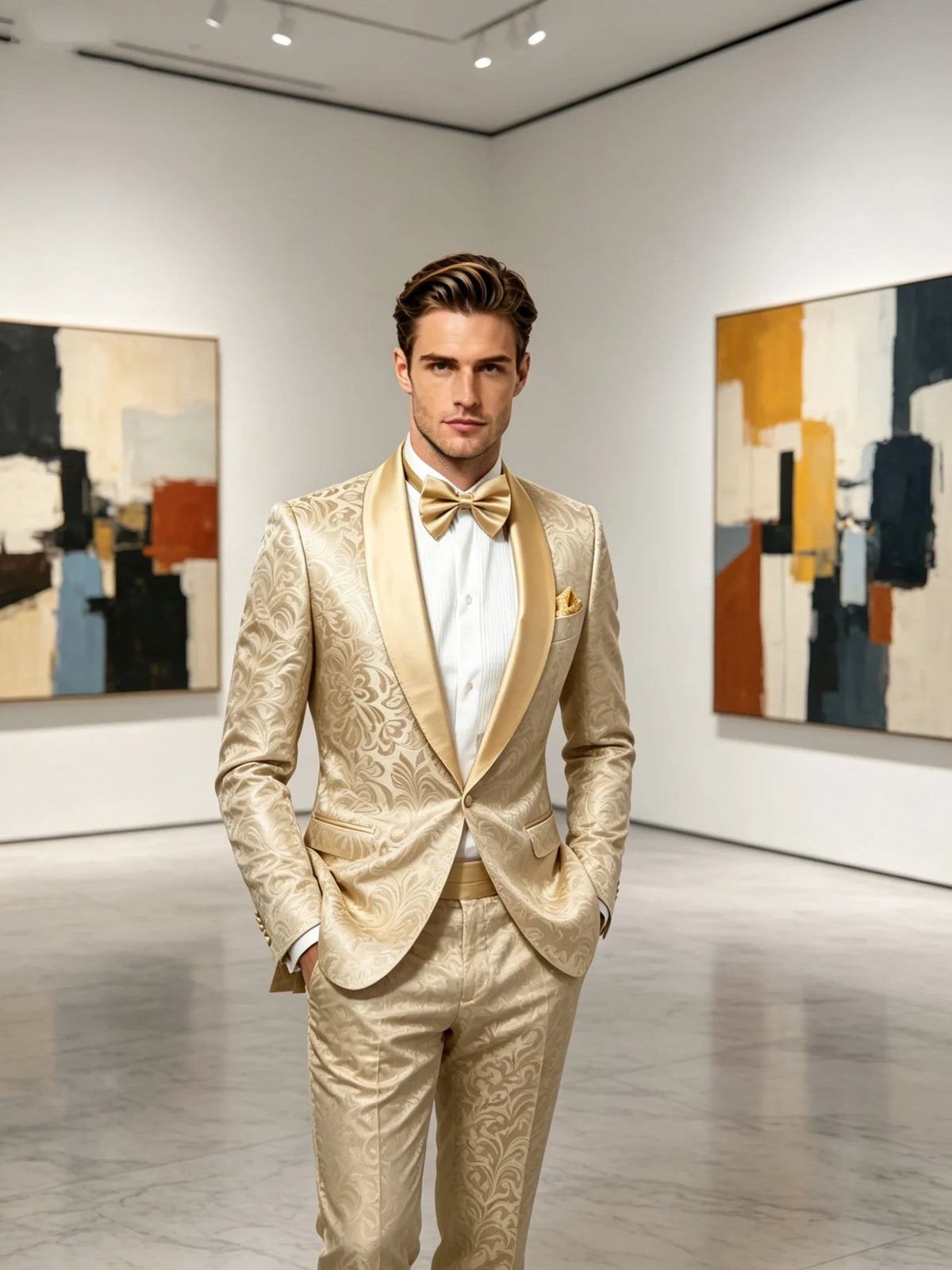 2 Piece High Quality Champagne Jacquard Men Suits Smart Casual Single Breasted Shawl Lapel Blazer with Pants for Wedding Party