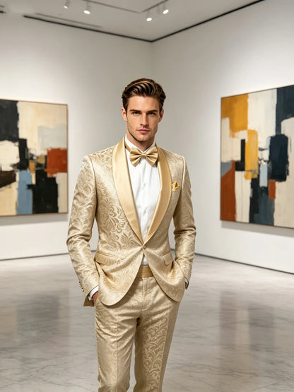2 Piece High Quality Champagne Jacquard Men Suits Smart Casual Single Breasted Shawl Lapel Blazer with Pants for Wedding Party