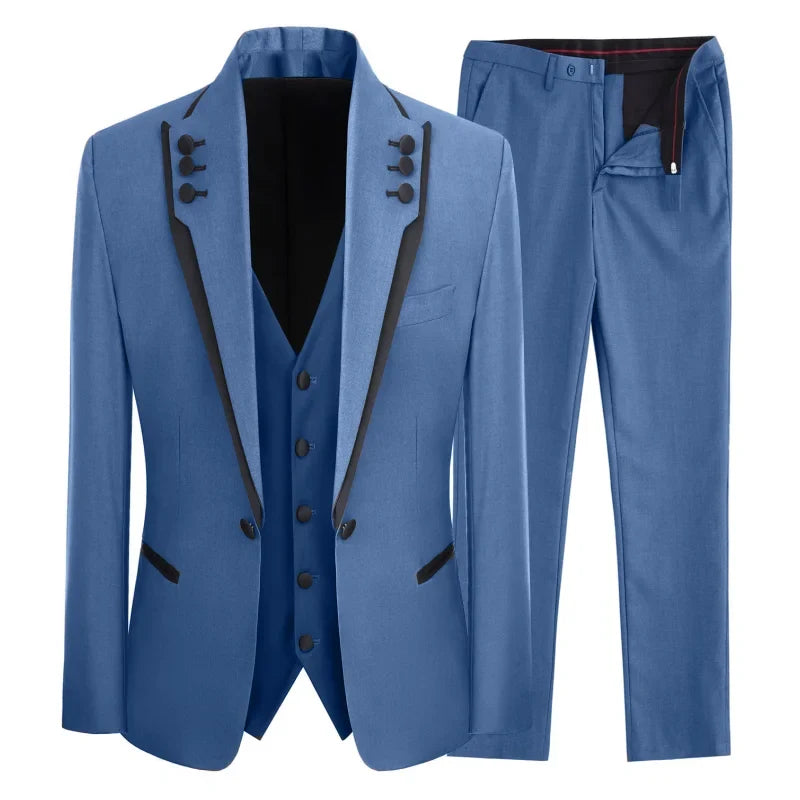 Men Suit 3 Piece Gray Single Button With Black Ruffle For Wedding Groom Banquet Birthday Work Tuxedo Jacket Vest With Pants