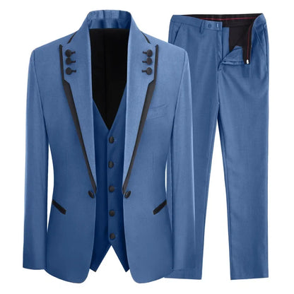 Men Suit 3 Piece Gray Single Button With Black Ruffle For Wedding Groom Banquet Birthday Work Tuxedo Jacket Vest With Pants