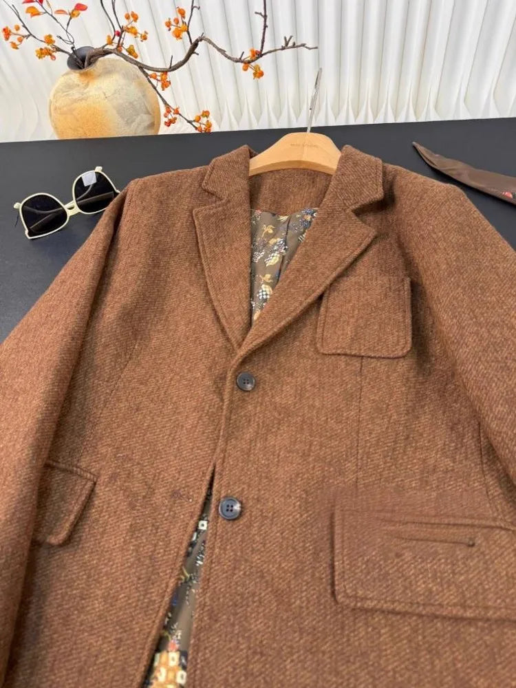 Autumn Office Ladies Work Mid Long Loose Fit Woolen Blazer Jacket Single Breasted Women Vintage Business Casual Suit Coat Blazer