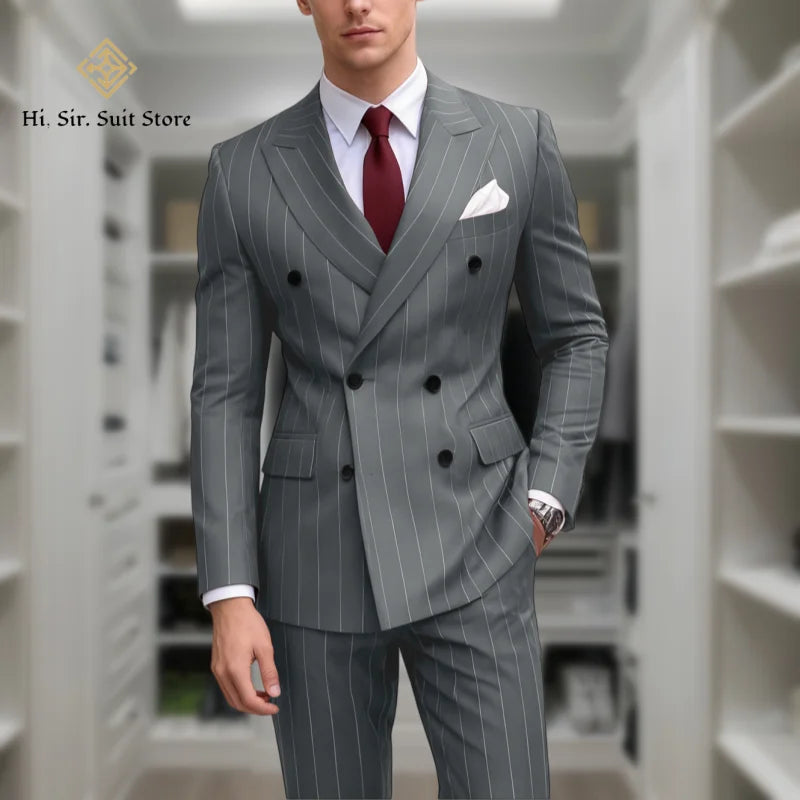Men's 2-Piece Slim Fit Double-Breasted Striped Suit Set for Men – Wedding, Business & Formal Occasions