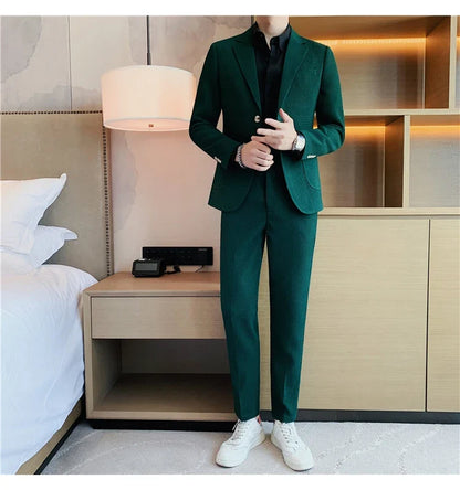 2025 New Waffle Blazers +Pant 2 Piece Set Men Fashion Business Slim Fit Solid Tuxedo Groom Wedding Prom Wear Casual Men's Sets