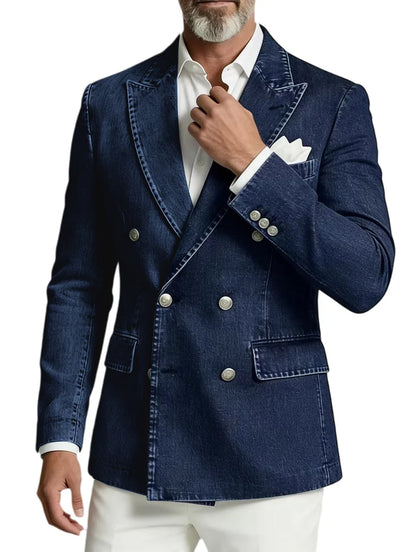 Men's Double Breasted Denim Blazer – Peak Lapel Slim Fit Jacket for Casual & Party Wear