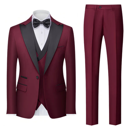 Men's Suit 3 Pieces Set Slim Fit Business Leisure Banquet Wedding Groom Dress Jacket Vest with Pants