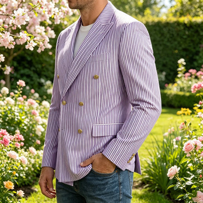 Vintage Men's Striped Double Breasted Blazer Casual Business Suit Jacket Lightweight Notched Lapel Sport Coat Wedding Party Wear