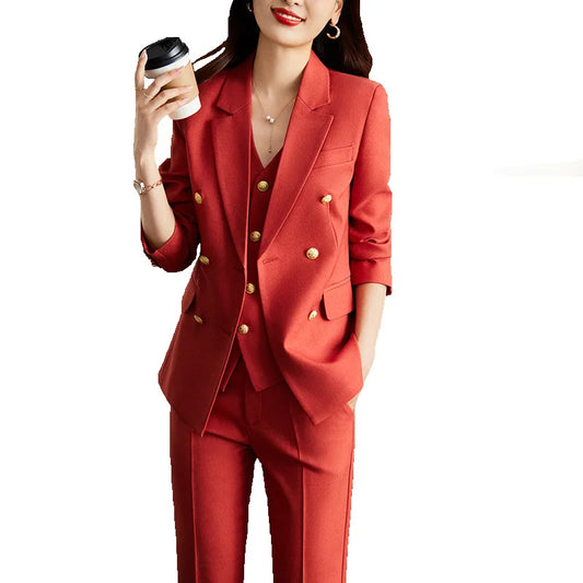Autumn Business Suits 3 piece set Blazer Coat +Pants+ Vest Formal Women Office Professional Blazers Pantsuits Trousers Set