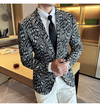Korean Slim Fit Casual Suit Jacket for Men Fashion Camouflage Business Social Blazers Wedding Streetwear Dress Coat Men Clothing