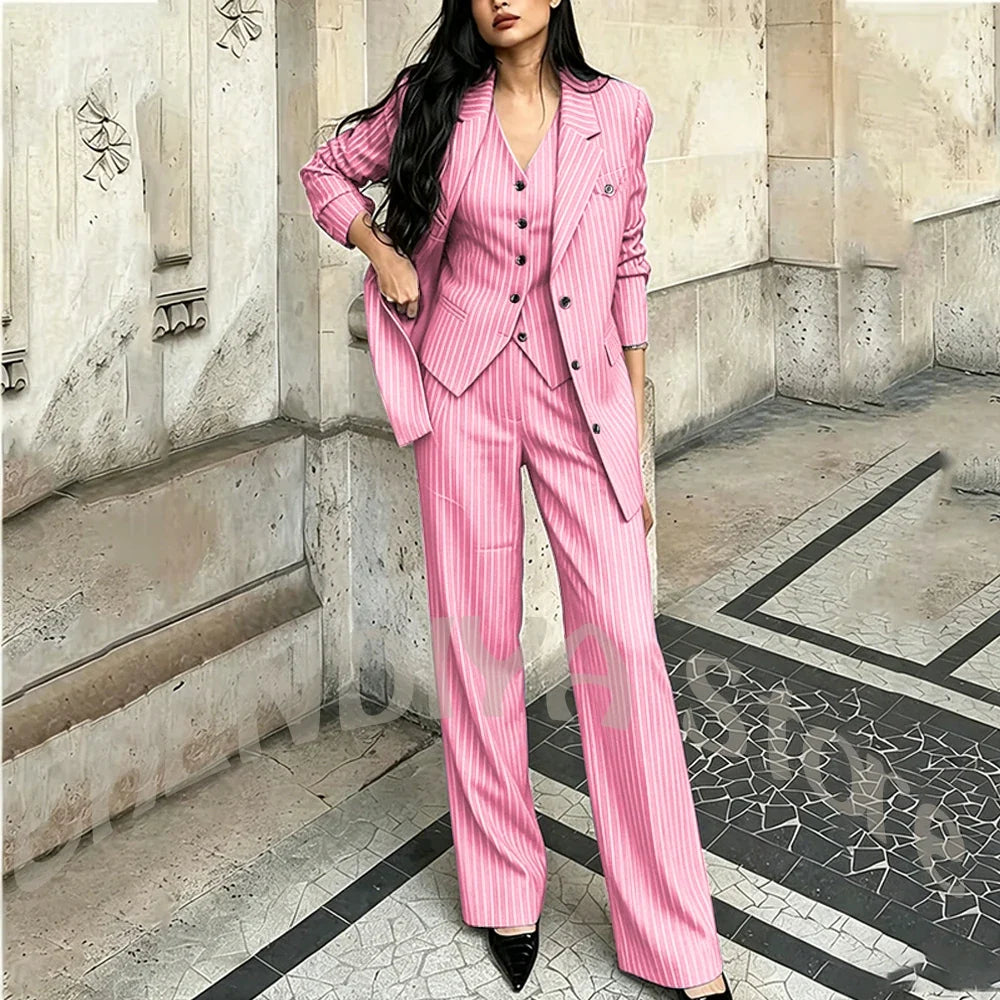 Tailor-Made Striped Suit For Women High Quality Peaked Lapel Single Breasted Three Piece Business Office Lady Formal Outfit