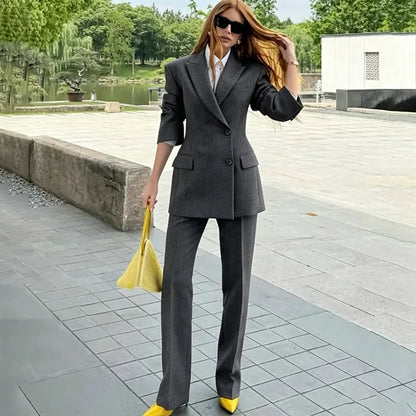 Chic Women Dark Gray Single Breasted Suit 2 Pieces Tailored Blazer+Trousers Set Elegant Office Formal Evening Party Outfit