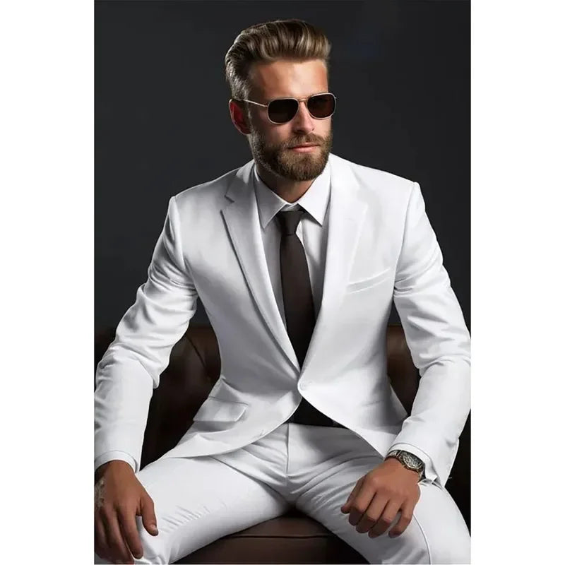 Chic White Men Suits Formal Single Breasted Notch Lapel Skinny 2 Piece Jacket Pants Outfit Gentlemen Office Male Clothing Blazer