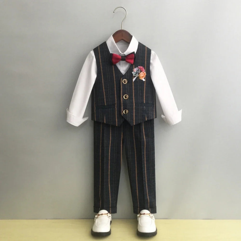Boys Formal Striped Suit Set 5 Pieces Host Costumes Double Breasted Kids Slim Fit Suits Wedding Ring Bearer Outfit Party Tuxedo