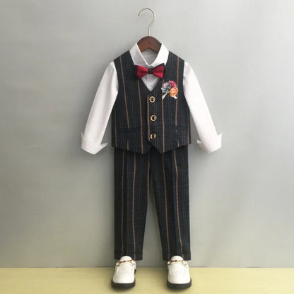 Boys Formal Striped Suit Set 5 Pieces Host Costumes Double Breasted Kids Slim Fit Suits Wedding Ring Bearer Outfit Party Tuxedo