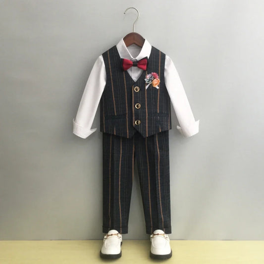 Boys Formal Striped Suit Set 5 Pieces Host Costumes Double Breasted Kids Slim Fit Suits Wedding Ring Bearer Outfit Party Tuxedo