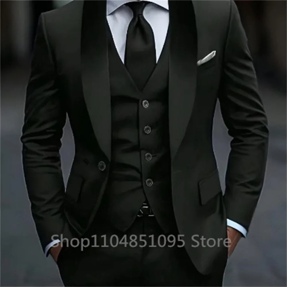 Classic Fitted Men's 3-Pieces Tuxedo Smoking Suit with Unique Lapel Single Breasted Blazer Vest Pant Set