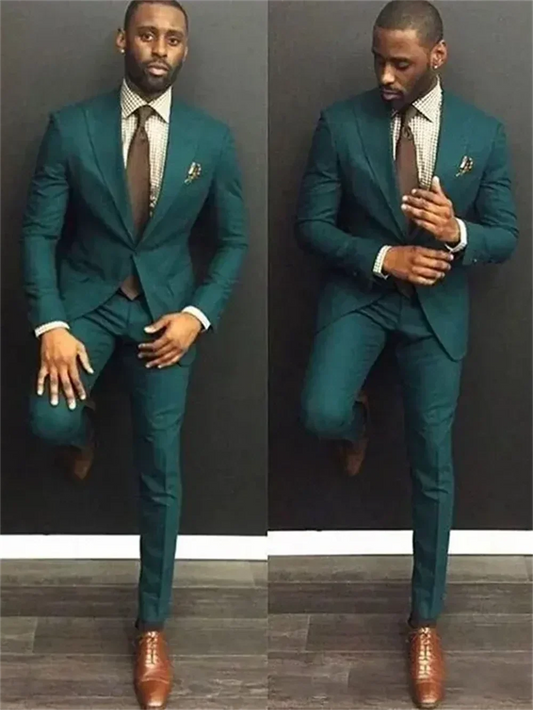 2 Piece Fashion Green Men Suits Chic Peak Lapel Smart Casual Office Suit Slim Wedding Party Tuxedo (Blazer+Pants)