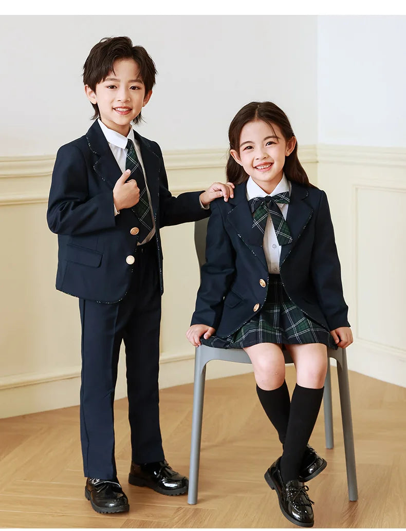 Children British School Uniforms Girls Preppy Jacket Pleated Skirts Boys Blazers Pants Suits Kids Teenage Student Clothes Sets