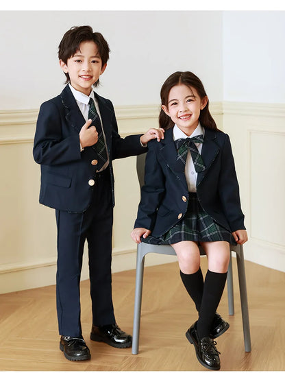 Children British School Uniforms Girls Preppy Jacket Pleated Skirts Boys Blazers Pants Suits Kids Teenage Student Clothes Sets