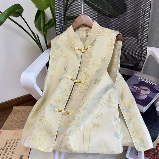 Spring Autumn Chinese Style Sleeveless Vest Coat For Women Stand Collar Jacquard Waistcoat Spring Summer Thin Lined Tank Tops