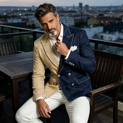 Men's Double Breasted Denim Blazer – Peak Lapel Slim Fit Jacket for Casual & Party Wear