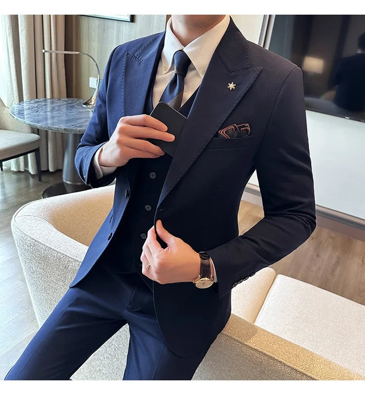 (Blazer + Vest + Trousers) 2024 New Men Formal Business Solid Suit 3 Pieces Set Italian Style Luxury Wedding Social Party Tuxedo