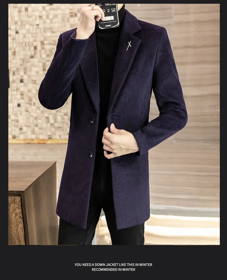 High-quality men's fashionable and stylish mid-length solid color woolen and cotton thick coat for autumn and winter