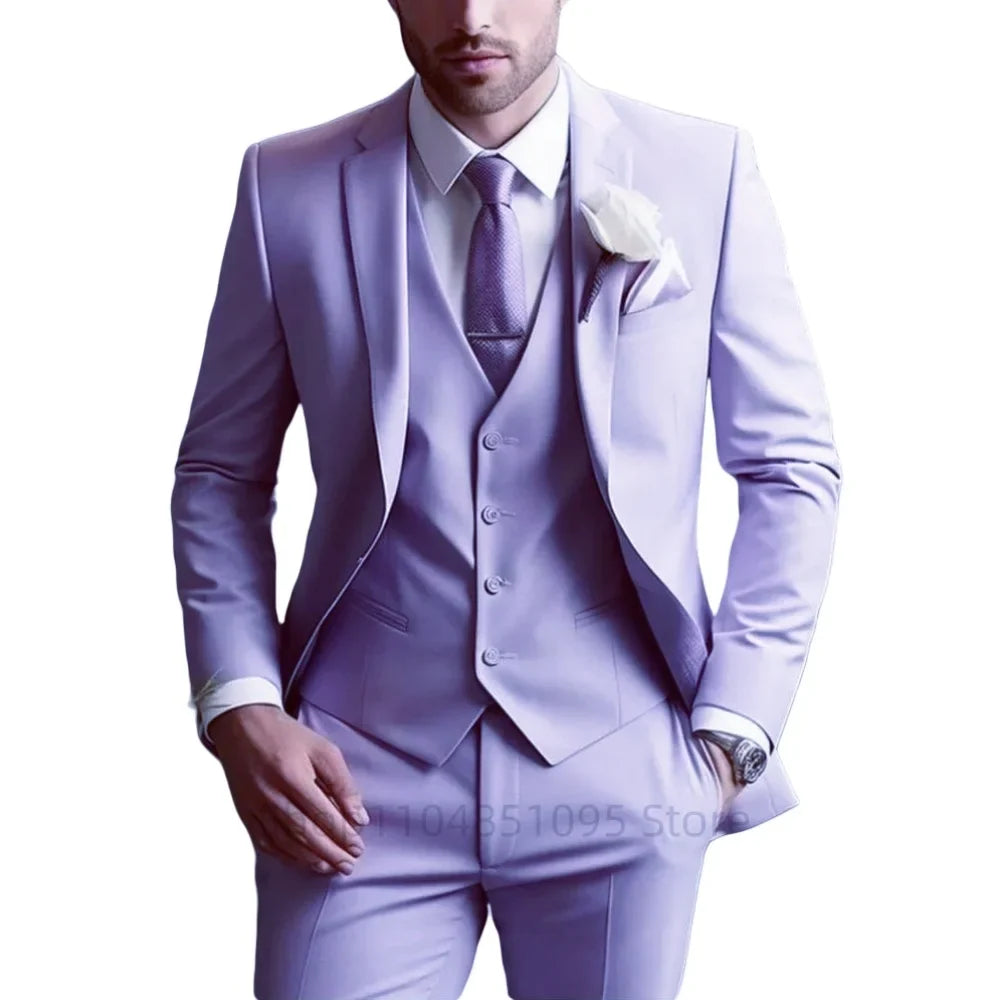 Elegante Men's Grey Slim Fit Tuxedo 3-Piece Smoking Suit with Peak Lapel Blazer Vest Pants for Wedding Party