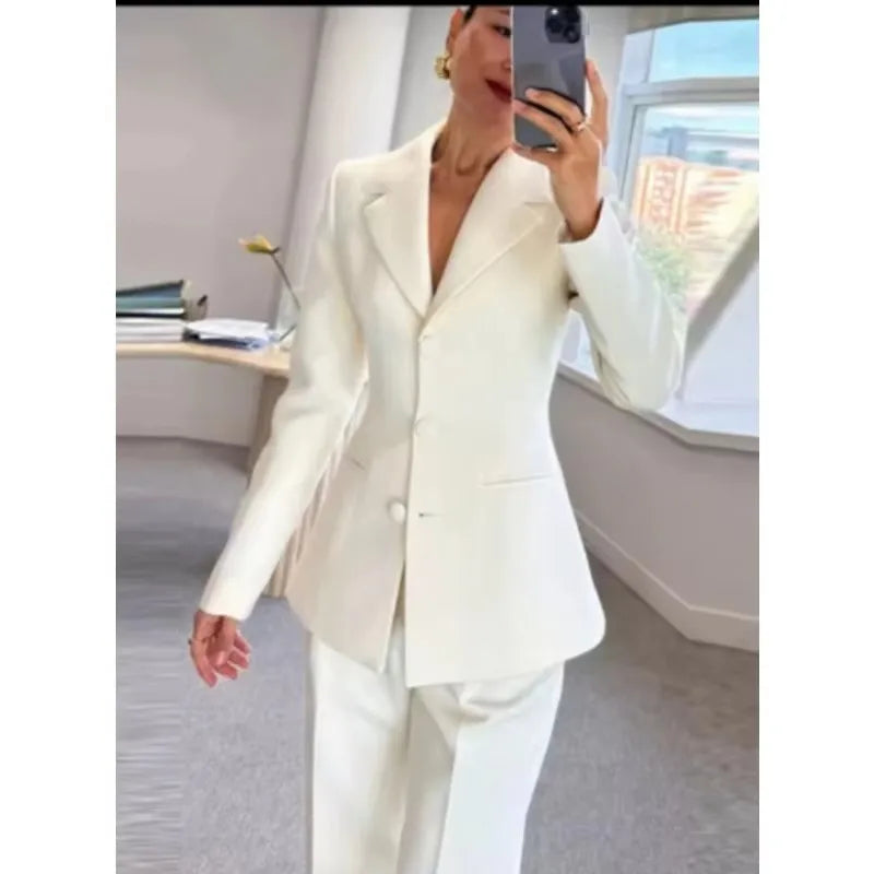 Elegant Women Pants Sets With Jacket 2 Piece Single Breasted Notch Lapel Blazer Slim Fit Female Office Full Women Suits Set