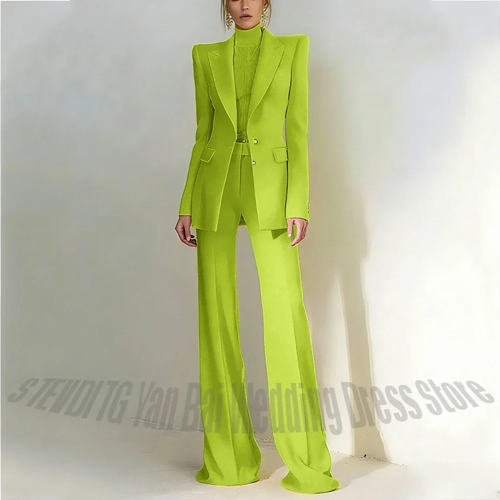 Women Pant Suit 2 Piece Set Office Female Business Work Formal Jacket Trouser One Button Chic Yellow Peaked Lapel Elegant Suit