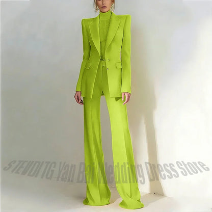 Women Pant Suit 2 Piece Set Office Female Business Work Formal Jacket Trouser One Button Chic Yellow Peaked Lapel Elegant Suit