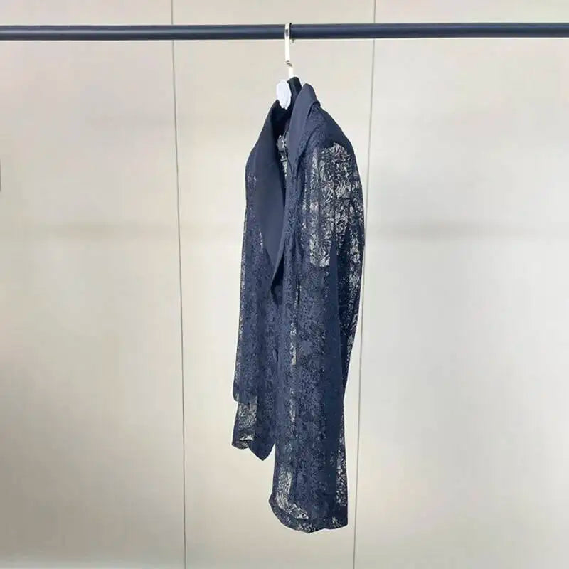 Women Black Sheer Floral Lace Blazer Long Sleeve Lapel Collar Single Breasted See Through Loose Fit Casual wear 2026 new