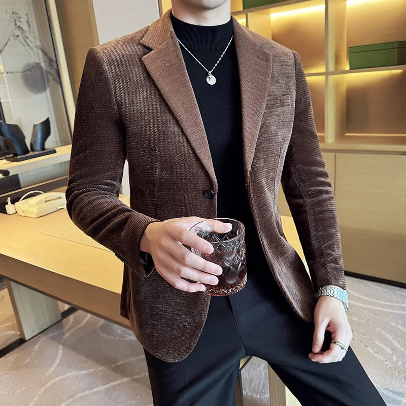 2025 Autumn Winter Velvet Suit Jacket Men Casual Business Blazers Wedding Groom Social Banquet Party Formal Blazer Men Clothing