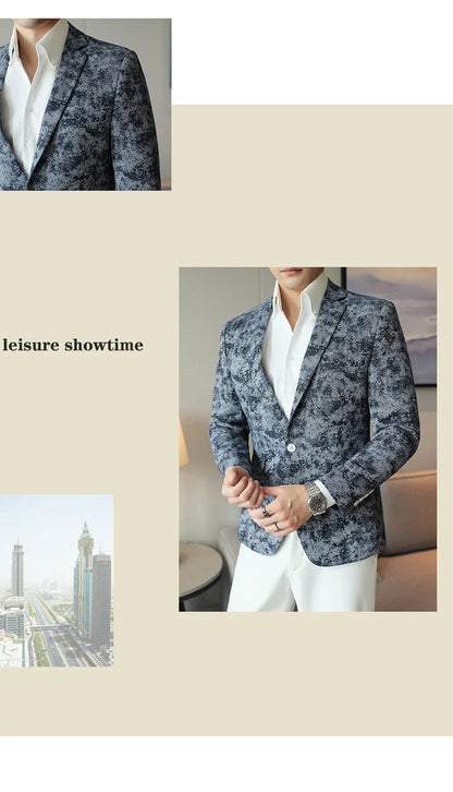 2026 Spring Denim Blue Men's Casual Suit Jacket Korean Slim Blazers Tie-dyed Business Social Jacket Banquet Party Dress Coats