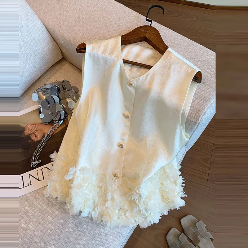 Women Vest Small Fragrance Jacket Satin Sleeveless Top Spring Summer New Fashion Temperament Petal Hem Waistcoat Female Vest
