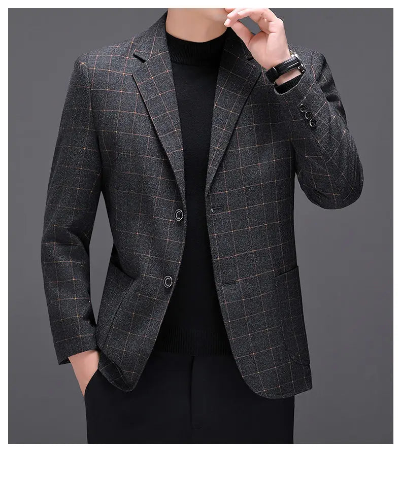Men's Checked Blazer Single Breasted Casual Business Suit Jacket