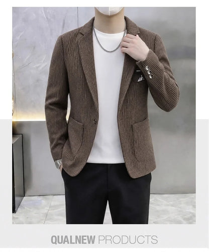 Autumn Winter Suit Jacket Men's Korean Slim Fit Striped Casual Blazers Wedding Business Streetwear Social Dress Jackets 2026